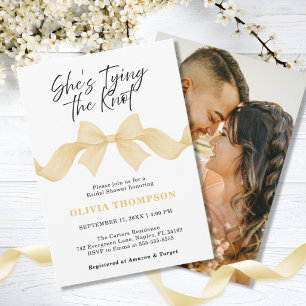 Gold Bow She's Tying the Knot Photo Bridal Shower Invitation