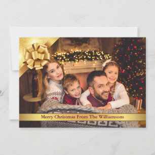 Gold Bow With Golden Ribbon Merry Christmas Photo Holiday Card