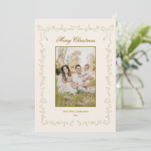 Gold Bows and Flowers Photo Merry Christmas Holiday Card