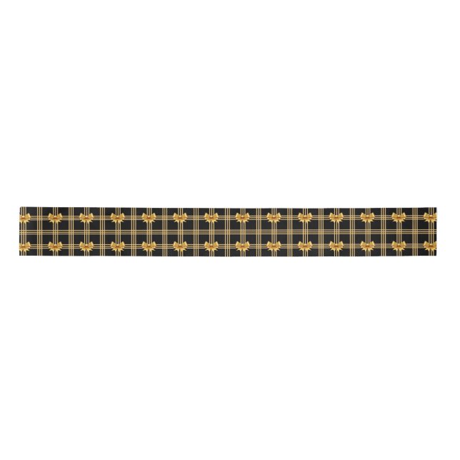 Gold Bows on Black Background Satin Ribbon (Front)