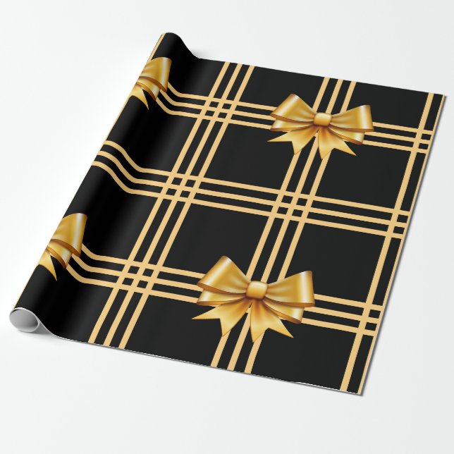 Gold Bows on Black Background Wrapping Paper (Unrolled)