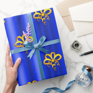 Gold Bows on Blue Christmas Wrapping Paper
