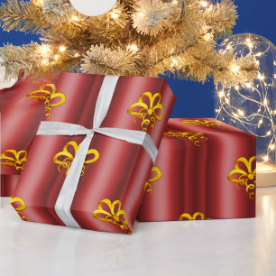 Gold Bows on Red Christmas Wrapping Paper