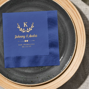 Gold Bowtie Laurel Wreath Monogram Gay Wedding Foil Napkins