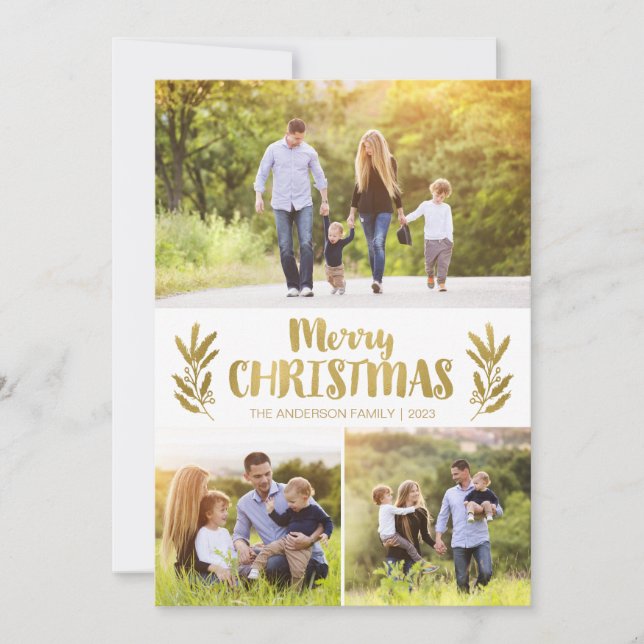Gold Branch Christmas Cards with Three Pictures (Front)