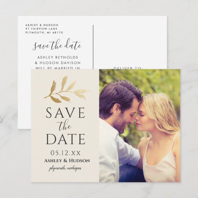 Gold Branch Wedding Photo Save the Date Cream Announcement Postcard (Front/Back)