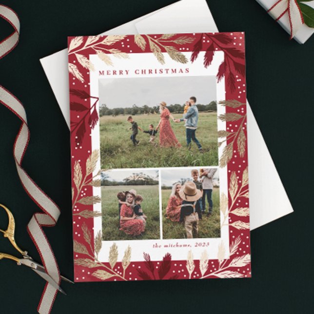 Gold Branches 3 Photo Christmas Holiday Card (Elegant red and gold branch 3 photo christmas holiday card.)