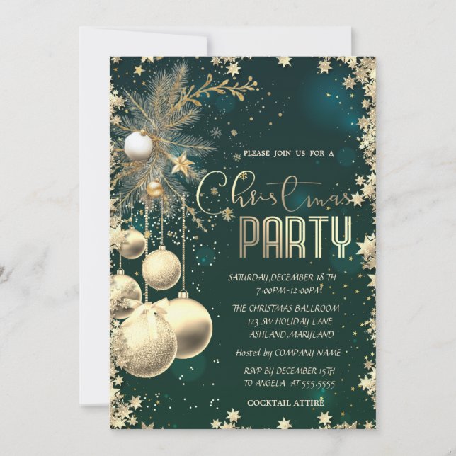 Gold Branches Balls Stars Green Company Christmas  Invitation (Front)