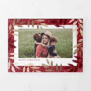 Gold Branches Merry Christmas 5 Photo Tri-Fold Holiday Card