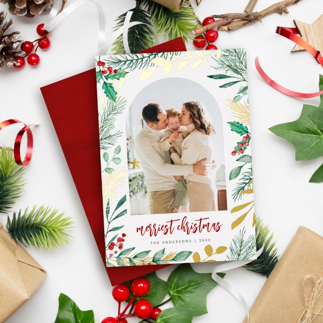 Gold Branches Watercolor Foliage Christmas Photo Foil Holiday Card (Creator Uploaded)