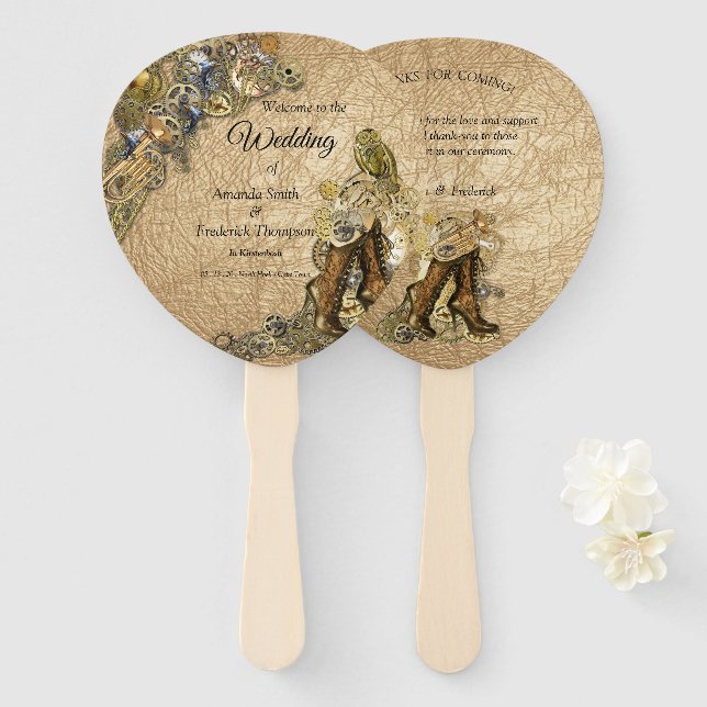 Gold  & Brass Steampunk sculptures on gold leather Hand Fan (Front and Back)