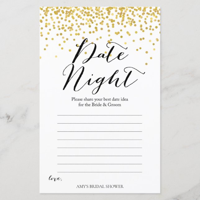 Gold Bridal Shower Game - Date Night Card (Front)