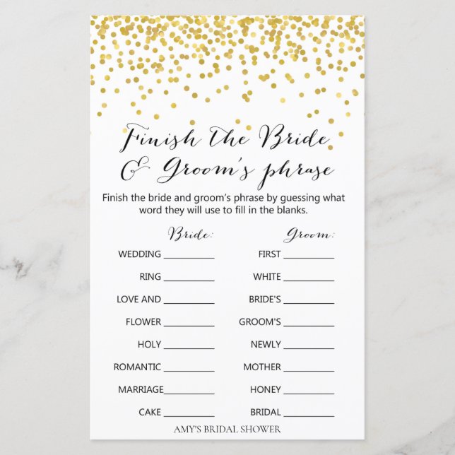Gold Bridal Shower Game - Finish the Phrase (Front)