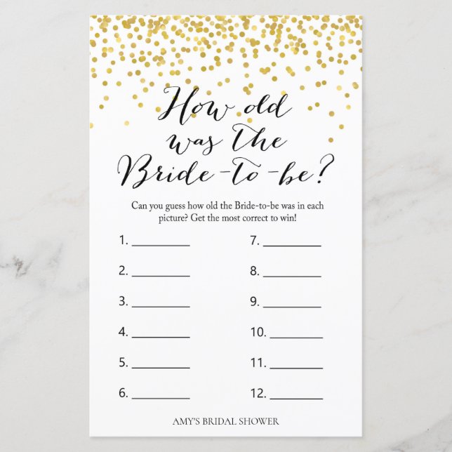 Gold Bridal Shower Game - How old was Bride (Front)