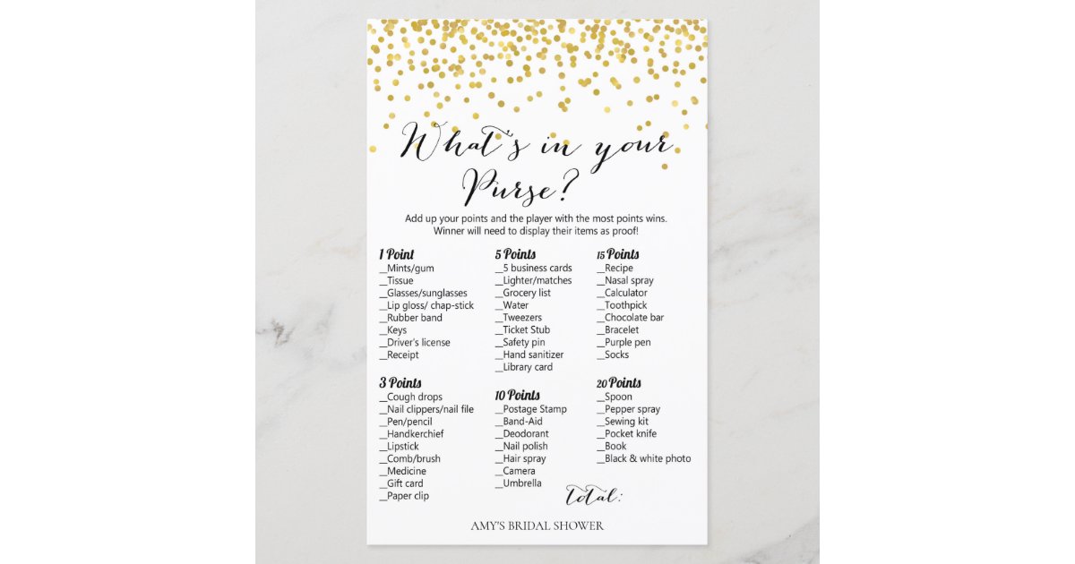 Gold Bridal Shower Game Whats In Your Purse Zazzle Com Au