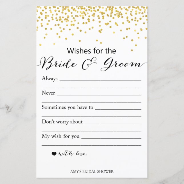 Gold Bridal Shower Game - wishes for bride groom (Front)