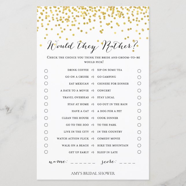 Gold Bridal Shower Game - would they rather (Front)