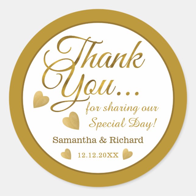 Gold Bride And Groom Wedding Thank You Favour Classic Round Sticker (Front)