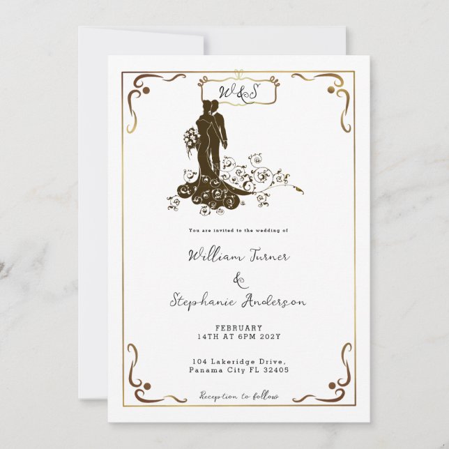 Gold Bride Groom Wedding Silhouette Monogram Invitation (Front)