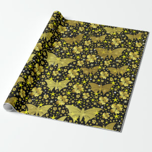 gold,bright, shiny, butterflies, exclusive wrapping paper