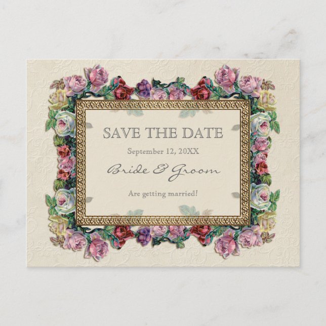Gold Brocade Floral Formal Elegant Save the Date Announcement Postcard (Front)