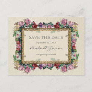 Gold Brocade Floral Formal Elegant Save the Date Announcement Postcard