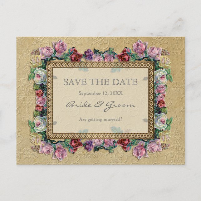 Gold Brocade Floral Formal Elegant Save the Date Announcement Postcard (Front)