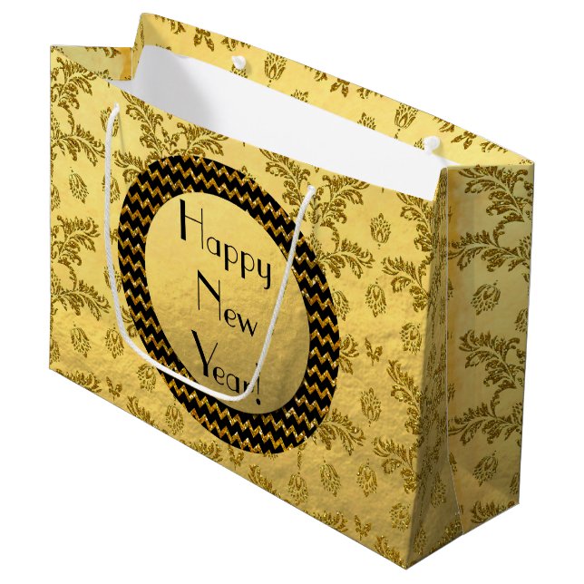 Gold Brocade Happy New Year! Classy Gift Bag (Front Angled)