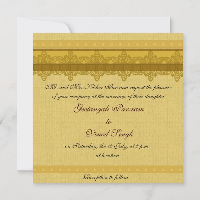 Gold brocade hindu wedding invitation (Front)