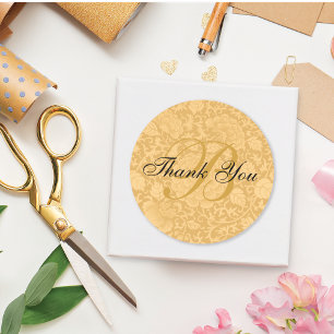 Gold Brocade Monogram Thank You Classic Round Sticker