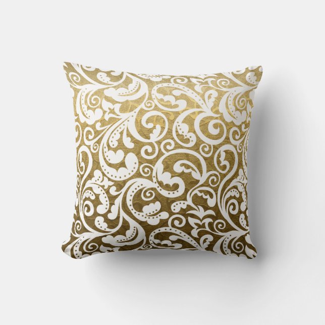 Gold brocade, white damask floral pattern throw cushion (Front)