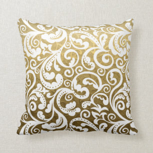 Gold brocade, white damask floral pattern throw cushion