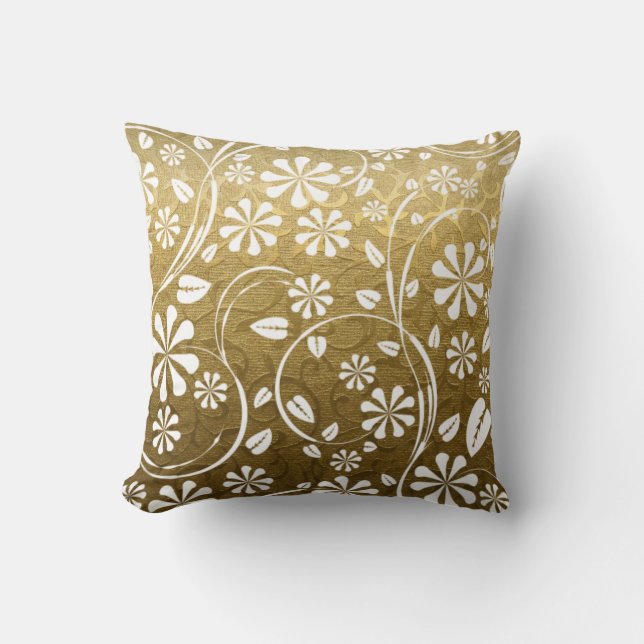 Gold brocade, white floral pattern throw cushion (Front)