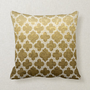 Gold brocade, white quatrefoil pattern throw cushion