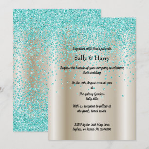 Gold Bronze Aqua Diamonds Crystal Modern Wedding Invitation