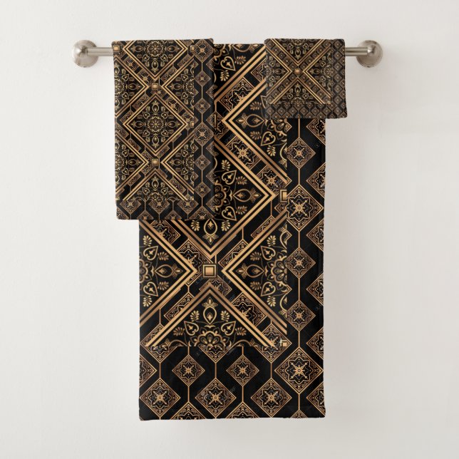 Gold Bronze Copper Motif Pattern Bath Towel Set (Insitu)