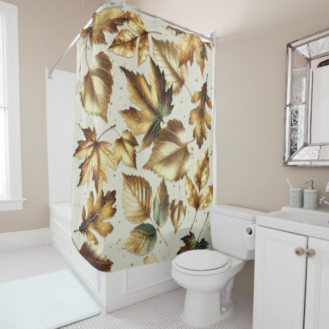 Gold Bronze Leaves Almond Beige Glam Fall Shower Curtain (In Situ)