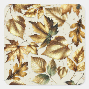 Gold Bronze Leaves Almond Beige Glam Fall Wedding Square Sticker