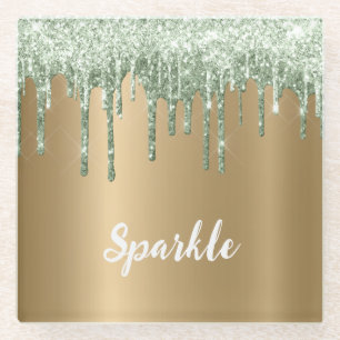 Gold Bronze Mint Green Glitter Drips Glass Coaster