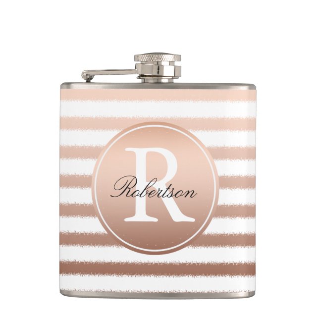 Gold Bronze Ombre Stripes Monogram Hip Flask (Front)