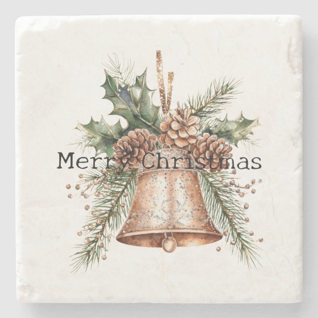 Gold Bronze White Christmas Bells Stone Coaster (Front)