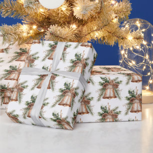 Gold Bronze White Christmas Bells Wrapping Paper