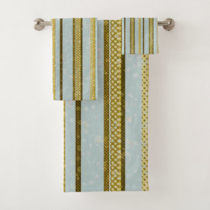 Gold, Brown and Soft Blue Stripe Bath Towel Set