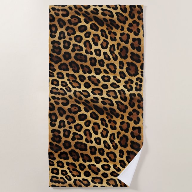 Gold Brown Black Leopard Animal Print Beach Towel (Front)
