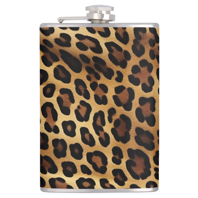 Gold Brown Black Leopard Animal Print Hip Flask (Front)