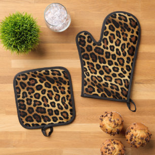 Gold Brown Black Leopard Print Oven Mitt & Pot Holder Set