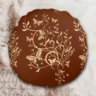 Gold Brown Butterfly Swirl Round Cushion