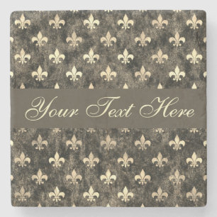 Gold Brown Fleur De Lis Custom Text Stone Coaster