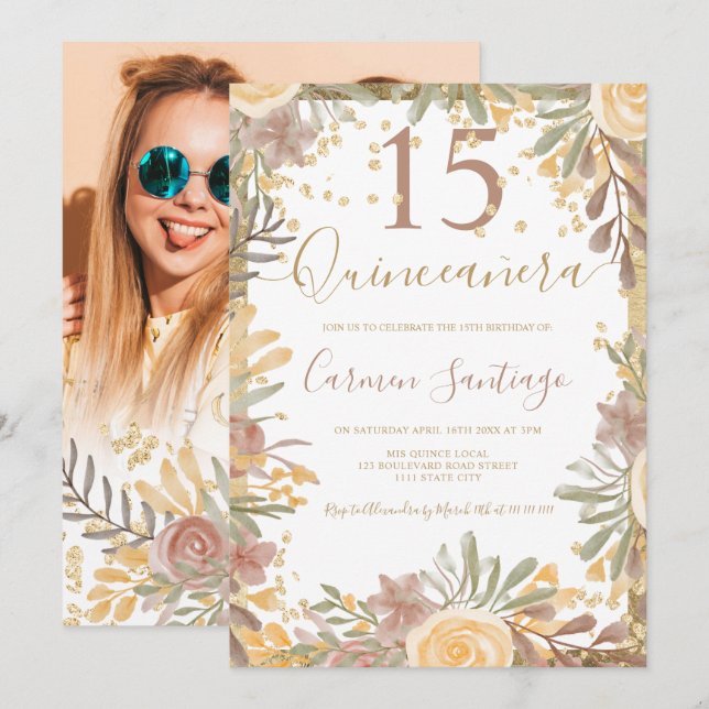 Gold brown floral watercolor Quinceanera photo Invitation (Front/Back)