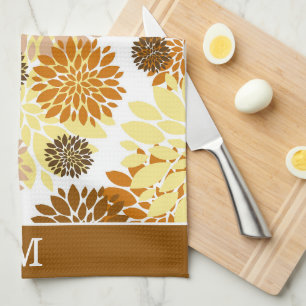 Gold Brown Flower Pattern Monogram Tea Towel